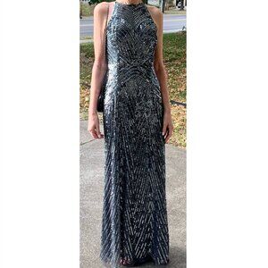 Aidan Mattox Art Deco Sequin Embellished Mesh Lace Gown Gunmetal Grey Size 4 $95